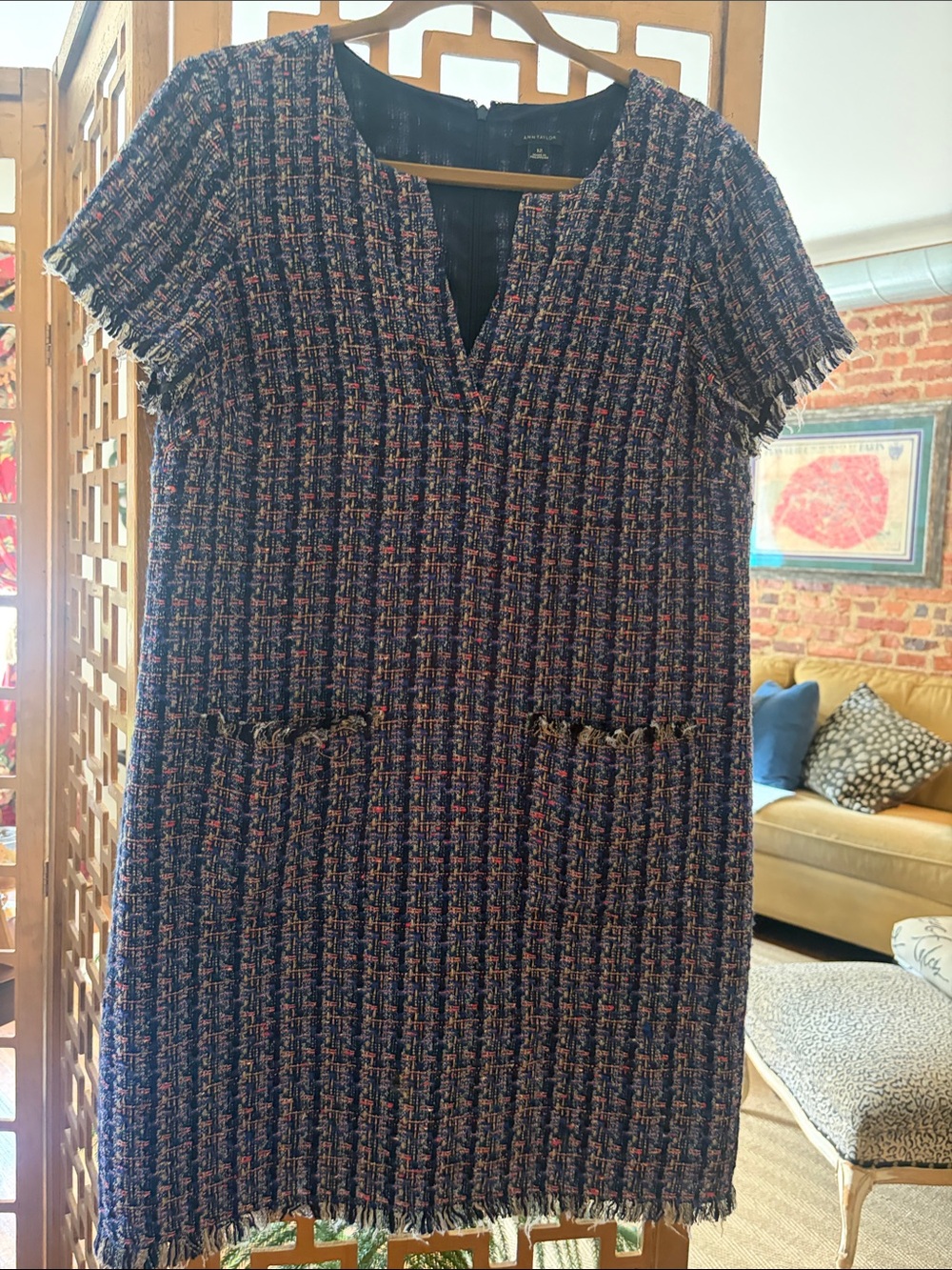 Ann Taylor Navy Tweed Fringe-Trim Shift Dress Size 12